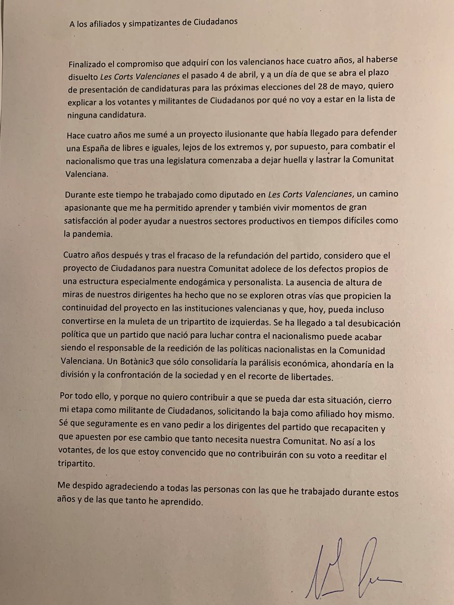 Carta a los afiliados y simpatizantes de Ciudadanos.