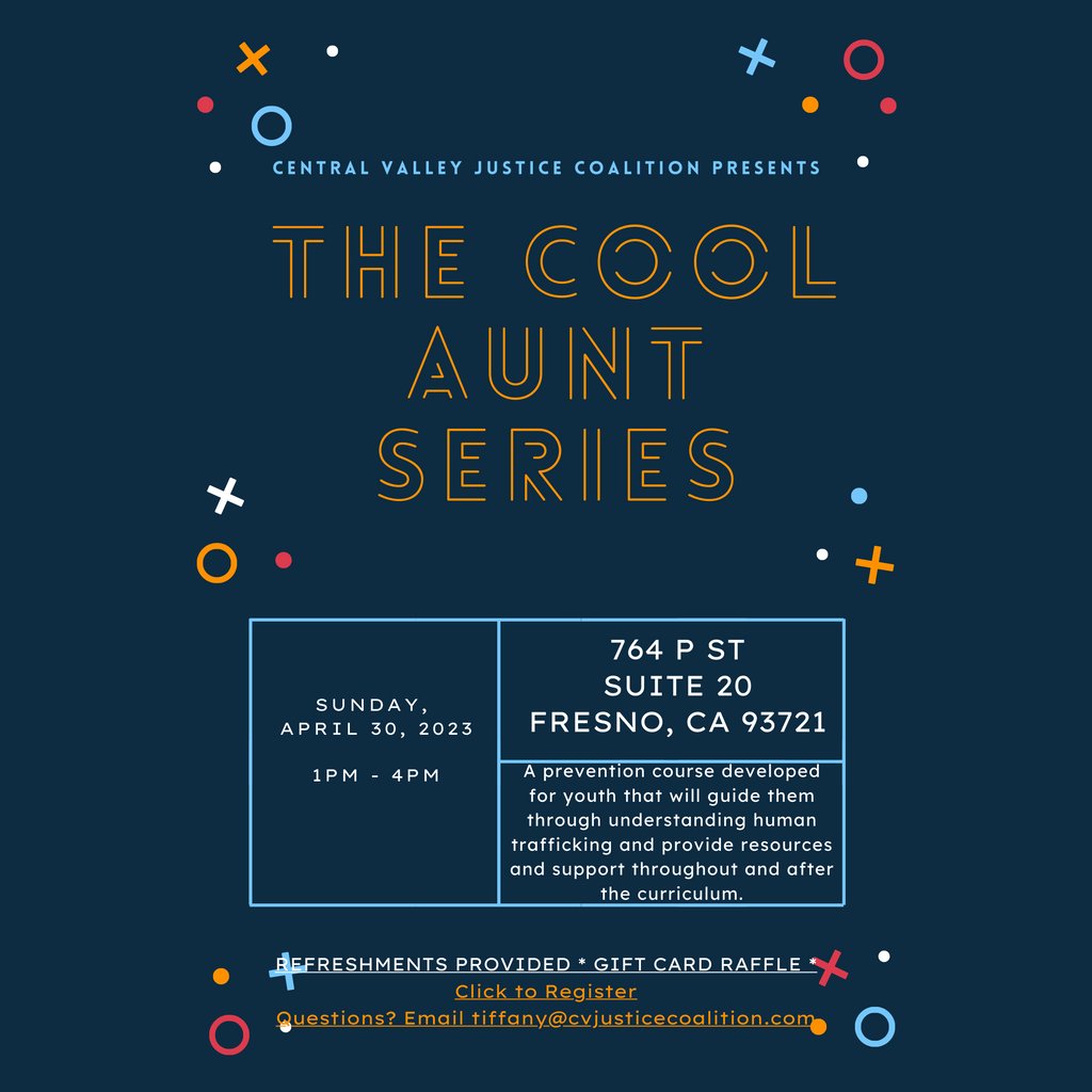 All youth are invited to our Cool Aunt Series training coming up on April 30th! Pizza and a gift card raffle will be included. This is a great opportunity for youth to learn together about how to protect themselves and their friends.  Email tiffany@justiceco.org with questions.