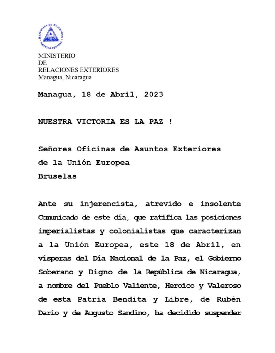 CTiscapa's tweet photo. #Nicaragua, comunicado del Ministerio de Relaciones Exteriores a la Oficina de Asuntos Exteriores de la Unión Europea.

#LaPazNuestraVictoria https://t.co/NZZJZNmcJi
