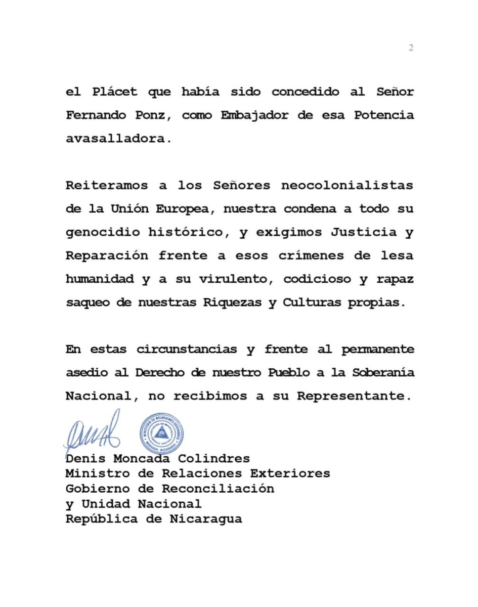 CTiscapa's tweet photo. #Nicaragua, comunicado del Ministerio de Relaciones Exteriores a la Oficina de Asuntos Exteriores de la Unión Europea.

#LaPazNuestraVictoria https://t.co/NZZJZNmcJi