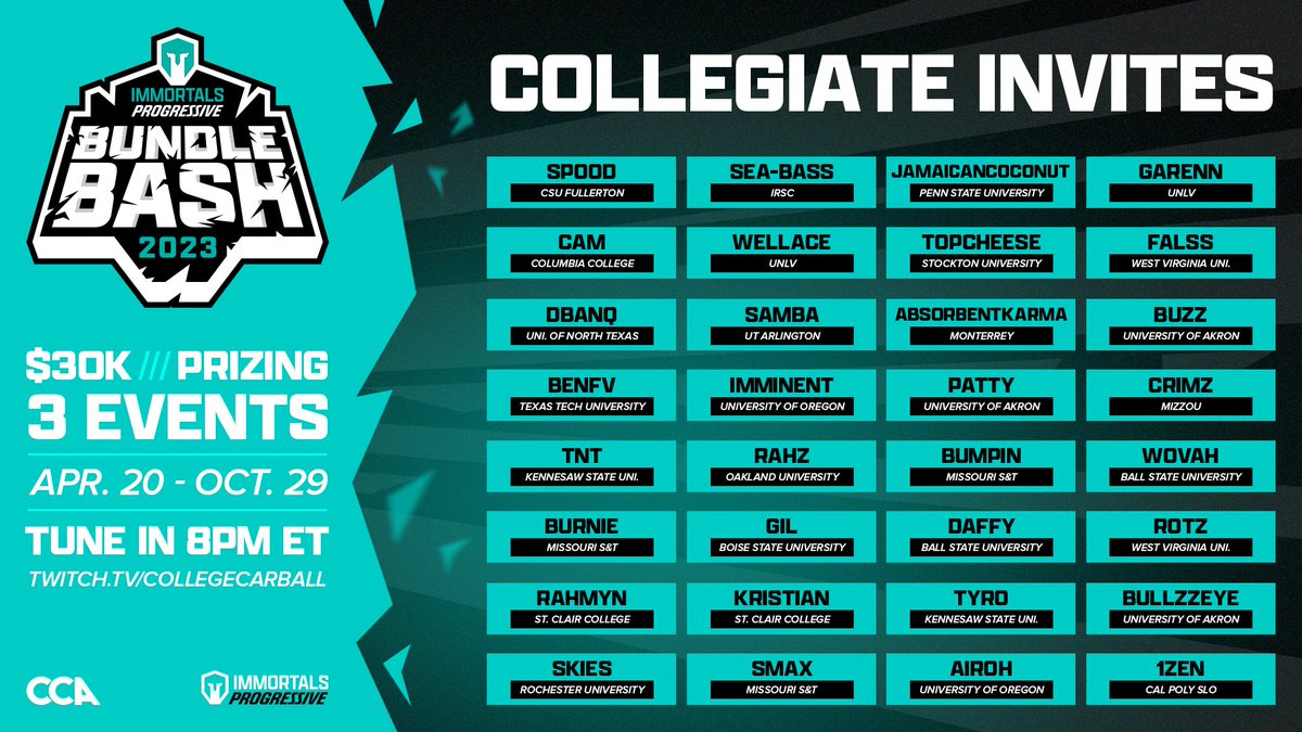 College Carball Association (@collegecarball) on Twitter photo These are the collegiate players that the pros will have to choose from for the first event of the 2023 IMT <a href="/Progressive/">Progressive</a> #BundleBash!
Who would you want on your team? 🤔 These are the collegiate players that the pros will have to choose from for the first event of the 2023 IMT <a href="/Progressive/">Progressive</a> #BundleBash!
Who would you want on your team? 🤔