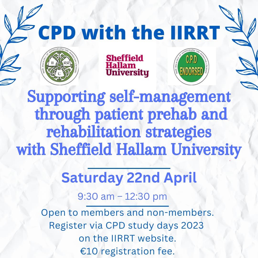 Looking forward to our next RT webinar in collaboration with Sheffield Hallam University this Saturday 22nd April 9.30-12.30 #CPD #RT #Sheffieldhallam 
Book : iirrt.ie