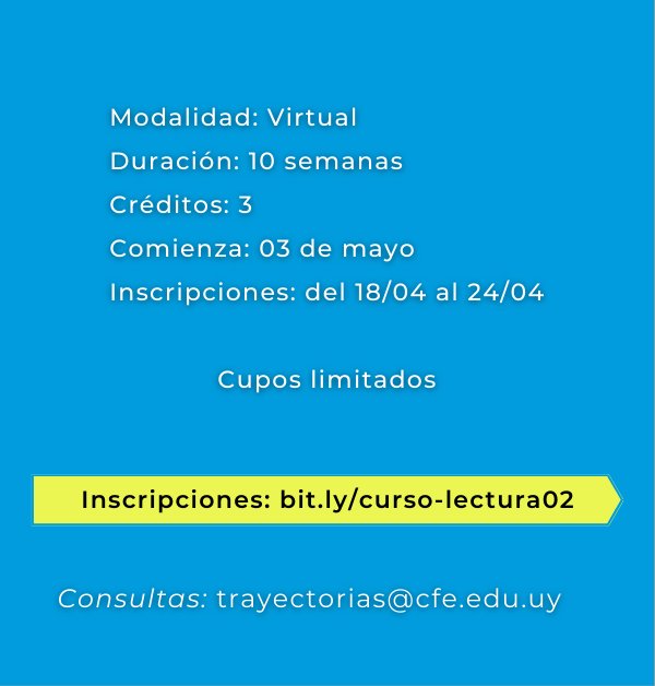 El plan de Protección de Trayectorias educativas del <a href="/cfe_anep/">CFE - ANEP</a> invita a Maestros noveles y estudiantes avanzados o egresados de MPI al CURSO:

"Estrategias para mediar en Lectura" a cargo de Evelyn Aixalá

➡️ Postulaciones hasta el 24/04 en bit.ly/curso-lectura02
Cupos limitados