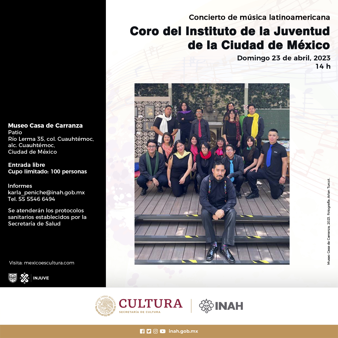 MCCarranzaINAH's tweet photo. El @MCCarranzaINAH y el @InjuveCDMX te invitan al Concierto de música latinoamericana. 🎼🎤🎼🎤
📅Domingo 23 de abril
🕛14 h
📌Río Lerma 35, Cuauhtémoc, CDMX
#Concierto #EntradaLibre #INAH #CoroInjuve #BrigadaExpresarte #INJUVE  #Concierto #MuseoCasaDeCarranza #INJUVECDMX #Música https://t.co/F4GHhghzWX
