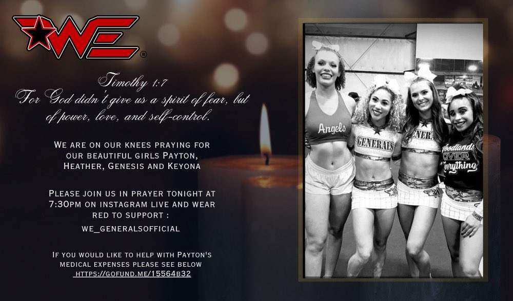 WEGenerals's tweet photo. Thank y’all so much for the Post &amp; Messages for our 4 girls involved.  Please continue to pray for them.

And if you’d like to donate to Payton’s Medical cost, here is the Go Fund Me.  God Bless 🙏🏼 

https://t.co/T6IfbtzzpH https://t.co/x7nHcrz6tq
