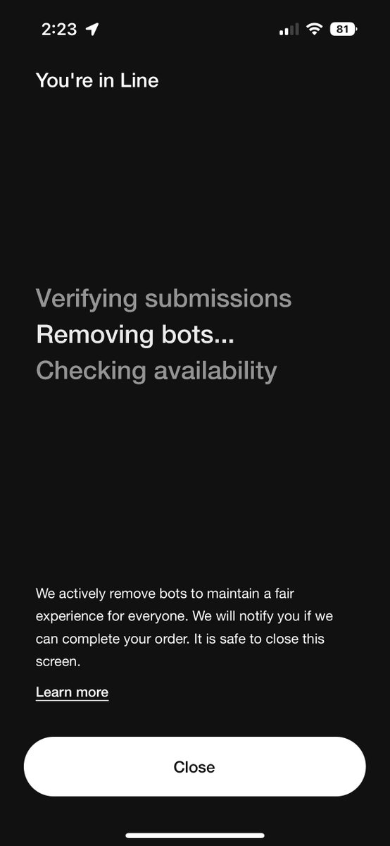 Interesting new development on SNKRS, transparency into the purchasing process 👀

1. Verifying submissions
2. Removing bots...
3. Checking availability

Let's see how this continues to play out w/ future drops