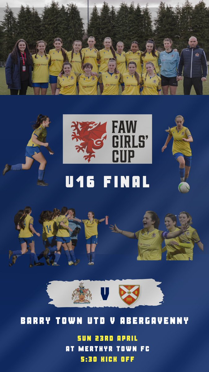⚽⚽⚽

𝗖𝘂𝗽 𝗙𝗶𝗻𝗮𝗹 𝗪𝗲𝗲𝗸

Its a big one Sunday as our U16's play in the <a href="/FAWales/">FA WALES</a> Girls Cup Final where they take on <a href="/AbergavennyWFC/">Abergavenny Women FC</a>

Come along and show your support for the girls in their bid to become Cup Champions.

KO: 530 <a href="/MerthyrTownFC/">The Martyrs</a>

🟡️🔵 #yourtownyourteam