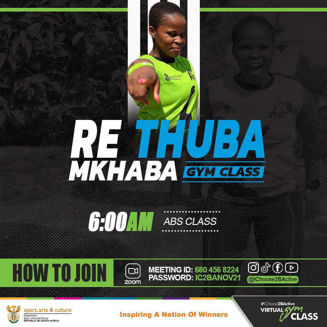 Ichoose2BActive's tweet photo. Yho yho yho! It’s crunch time!  
#ReThubaMkhaba abs class tomorrow @6am with @LusandaMagxala 

It’s a FREEDOM month after all.

Free on Zoom, Instagram, Facebook and Tiktok 

#IChoose2BActive 
#virtualgymclasses 
#FreedomMonth https://t.co/8LCEmyVU1T