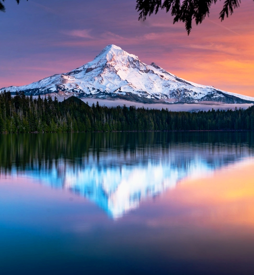 Lost Lake and Mount Hood after the sunset in Oregon, US
