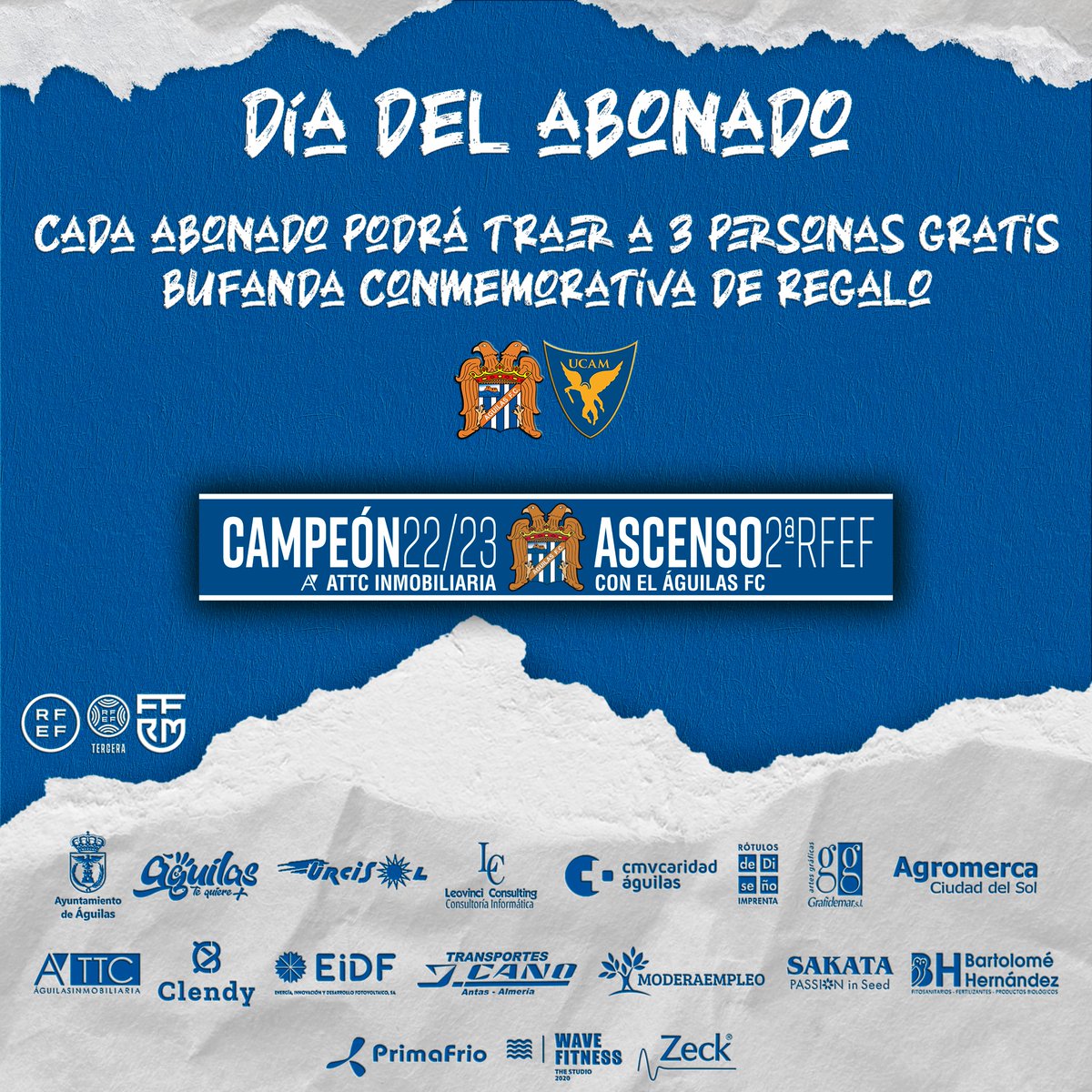 aguilas_fc's tweet photo. | DÍA DEL ABONADO |

¡Queremos agradecer el apoyo de nuestra afición, por lo que cada abonado podrá traer a 3 personas GRATIS este domingo! 🙌

¡Y para quien acuda al estadio, bufanda de regalo gracias a nuestro patrocinador ATTC Inmobiliaria! 😁

#HemosVueltoContigo 💙🤍🦅🦅 https://t.co/yNuGR32T8s