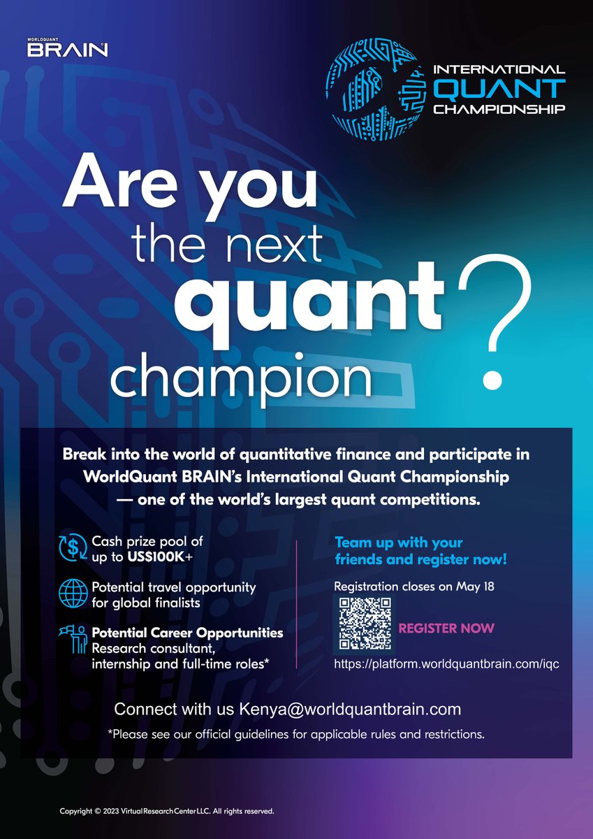 TU_Kenya's tweet photo. Do you want to get a career opportunity and travel around the world? Do you want to compete for a cash prize of up to 10M Kes? WorldQuant, a US-based quantitative asset management firm, is offering opportunities for individuals in the STEM system.

https://t.co/ySL3OZtIHL https://t.co/CNcEhzVMuo