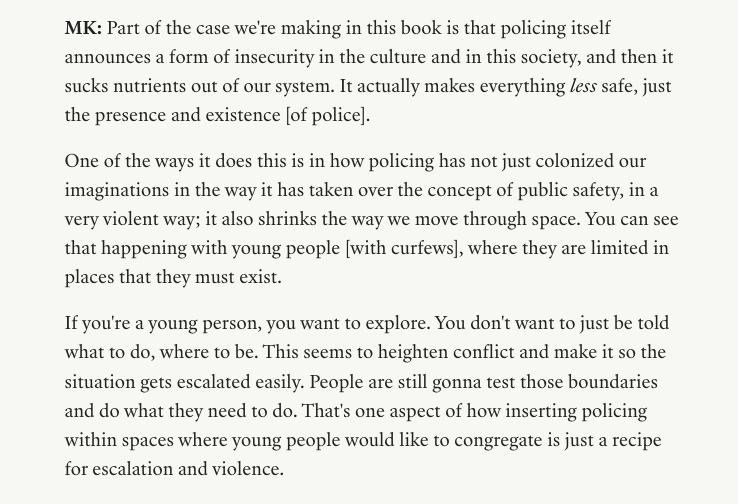 interruptcrim's tweet photo. "Policing has not just colonized our imaginations in the way it has taken over the concept of public safety; it also shrinks the way we move through space. You can see that happening with young people, where they are limited in places that they must exist" https://t.co/vIHJuaqXVx https://t.co/nLvJnC1i6O