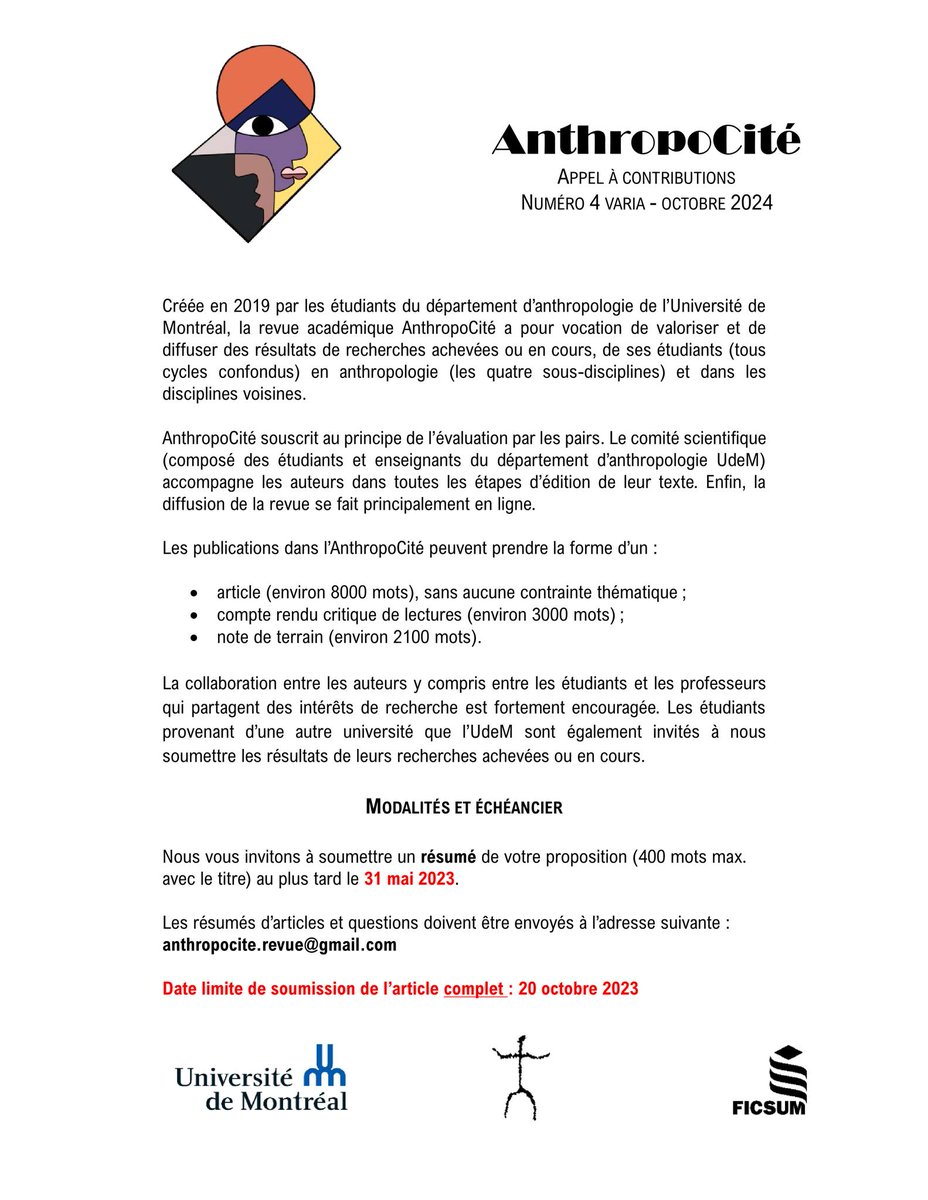 Appel à contribution pour la 4e édition d'AnthropoCité!! 🙌
Si vous avez des articles, comptes rendus ou des notes de terrain, il ne faut pas hésiter à les envoyer ✍️📖