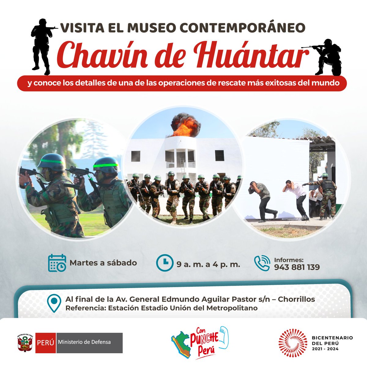 📢En el marco de los #26AñosDeHeroísmo de una de las operaciones militares más exitosas del mundo, el museo contemporáneo "Chavín de Huántar" te invita a visitar y conocer los detalles de la heroica hazaña. 
¡No te lo pierdas!

✅Conoce los detalles aquí ⤵️