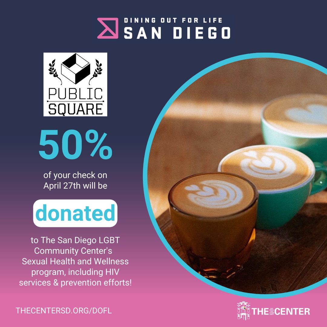 LGBT Center San Diego (@lgbtcenter) on Twitter photo ๐ดโค๏ธ Show some love to some of our 50% #DOFLSD locations! Dine out on April 27th and a portion of your check is donated to The Center!
๐น Park & Rec
๐ <a href="/harleygrayknb/">Harley Gray</a>
โ <a href="/publicsqcoffee/">Public Square Coffee</a>
๐More info: TheCenterSD.org/DOFL
#DOFLSD #DineOut #GiveBack ๐ดโค๏ธ Show some love to some of our 50% #DOFLSD locations! Dine out on April 27th and a portion of your check is donated to The Center!
๐น Park & Rec
๐ <a href="/harleygrayknb/">Harley Gray</a>
โ <a href="/publicsqcoffee/">Public Square Coffee</a>
๐More info: TheCenterSD.org/DOFL
#DOFLSD #DineOut #GiveBack