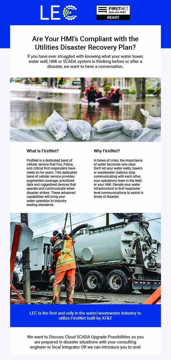 LEC is back and better than ever on twitter and we've got one question for you! Have you heard of <a href="/FirstNet/">FirstNet, Built with AT&T</a> being used in the water/wastewater industry? If not, learn how to plan ahead of a crisis and transform your municipality below! 

Contact us --> lecinc91600.ac-page.com/firstnet