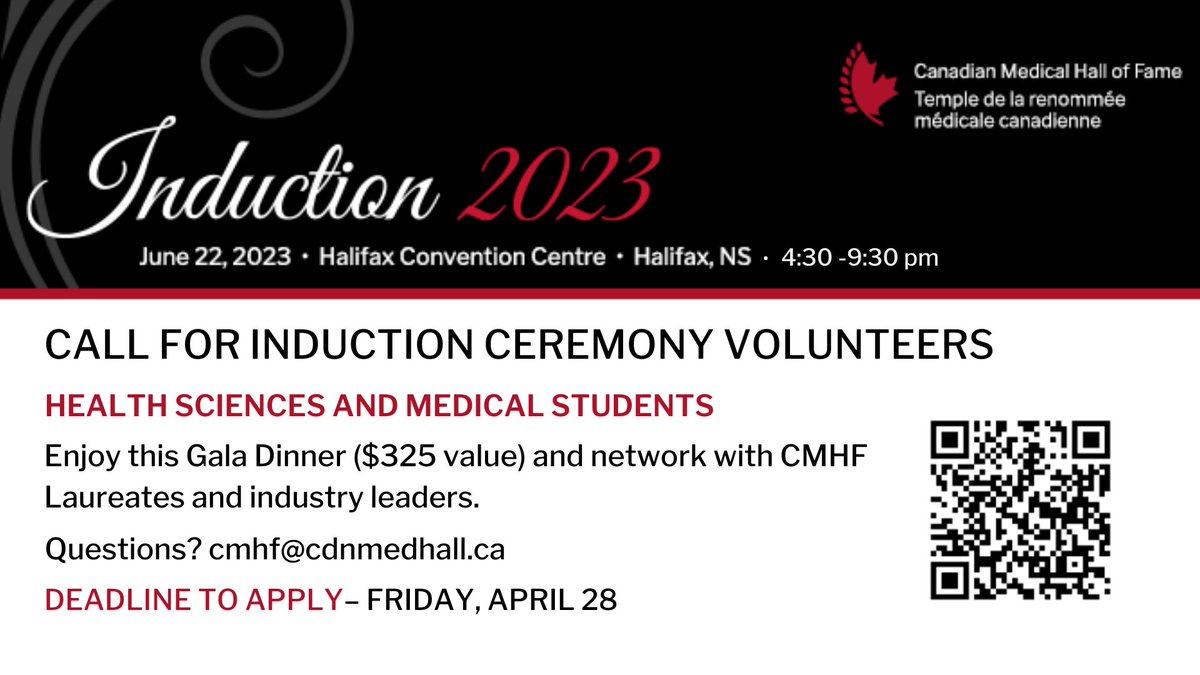 DalMedSchool's tweet photo. Are you a medical or health sciences student? The Canadian Medical Hall of Fame is seeking volunteers for their 2023 Induction Ceremony on June 22, 2023. Apply by April 28, 2023. https://t.co/IrdCv5GdI2