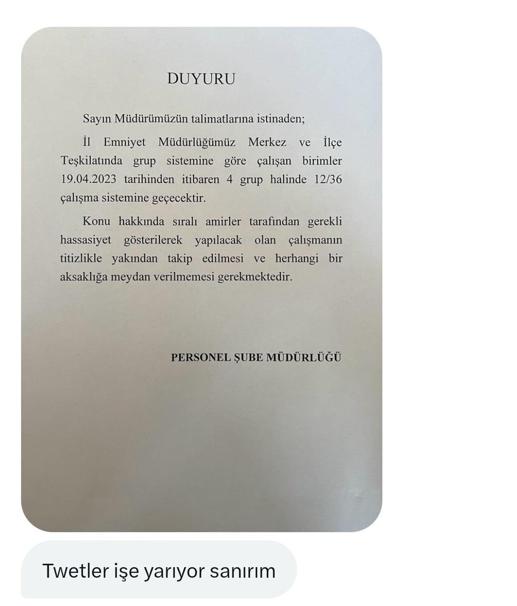 polismevzuat's tweet photo. KAÇ İL 12-36 SİSTEMİNE GEÇECEK ZAMAN GÖSTERECEK.

Sürekli genelge çıkardık, talimat verdik deniyor. Ama bugüne kadar doğru düzgün uygulayan il emniyet müdürlüğü yoktu.

Seçim yaklaştı bakalım kaç il geçecek 12-36 sistemine.

#polis #polisler #Emniyet1236İstiyor https://t.co/Tf8dhtcuID