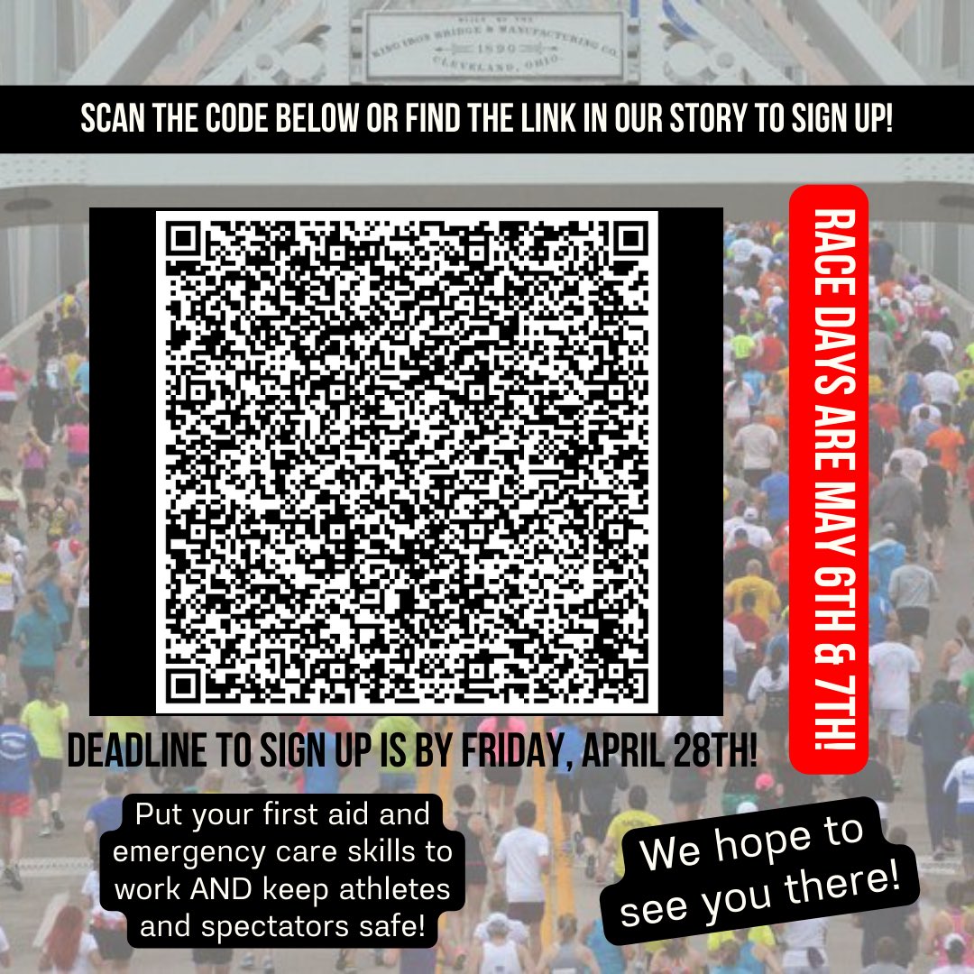 MSJ_ExSciHealth's tweet photo. Volunteer to work the Flying Pig Marathon May 6th and 7th! This is a great opportunity for students to get hands-on first aid experience. Scan the QR code or click the link below to sign up before Friday, April 28th!

https://t.co/rENDmQh6pB https://t.co/Xy3ZkOdbBD