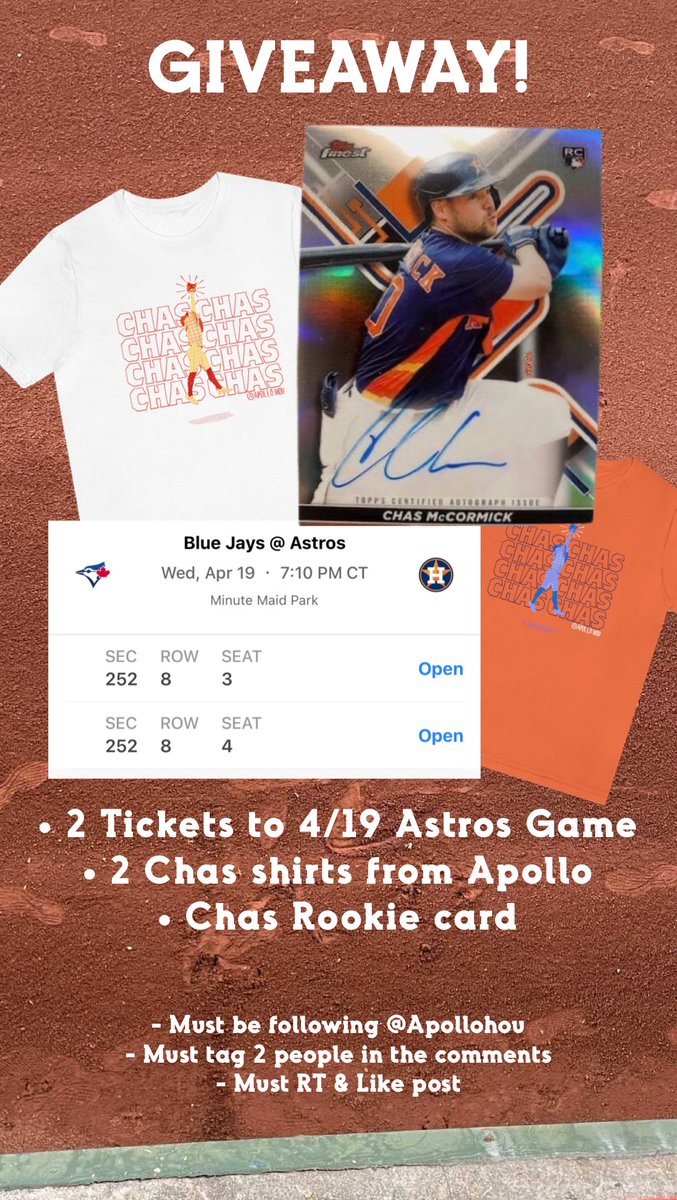 ApolloHOU's tweet photo. 🚨🚨 GIVEAWAY!! 🚨🚨

Courtesy of @theoriginalmon, we’re giving away:

• 2 Tickets to 4/19 Astros Game
• 2 Chas shirts from Apollo
• Chas Rookie card

To qualify you:

- Must be following @Apollohou
- Must tag 2 people in the comments
- Must RT &amp; Like post

Go Stros! 🤘🫡 https://t.co/4e7n6Tqyma