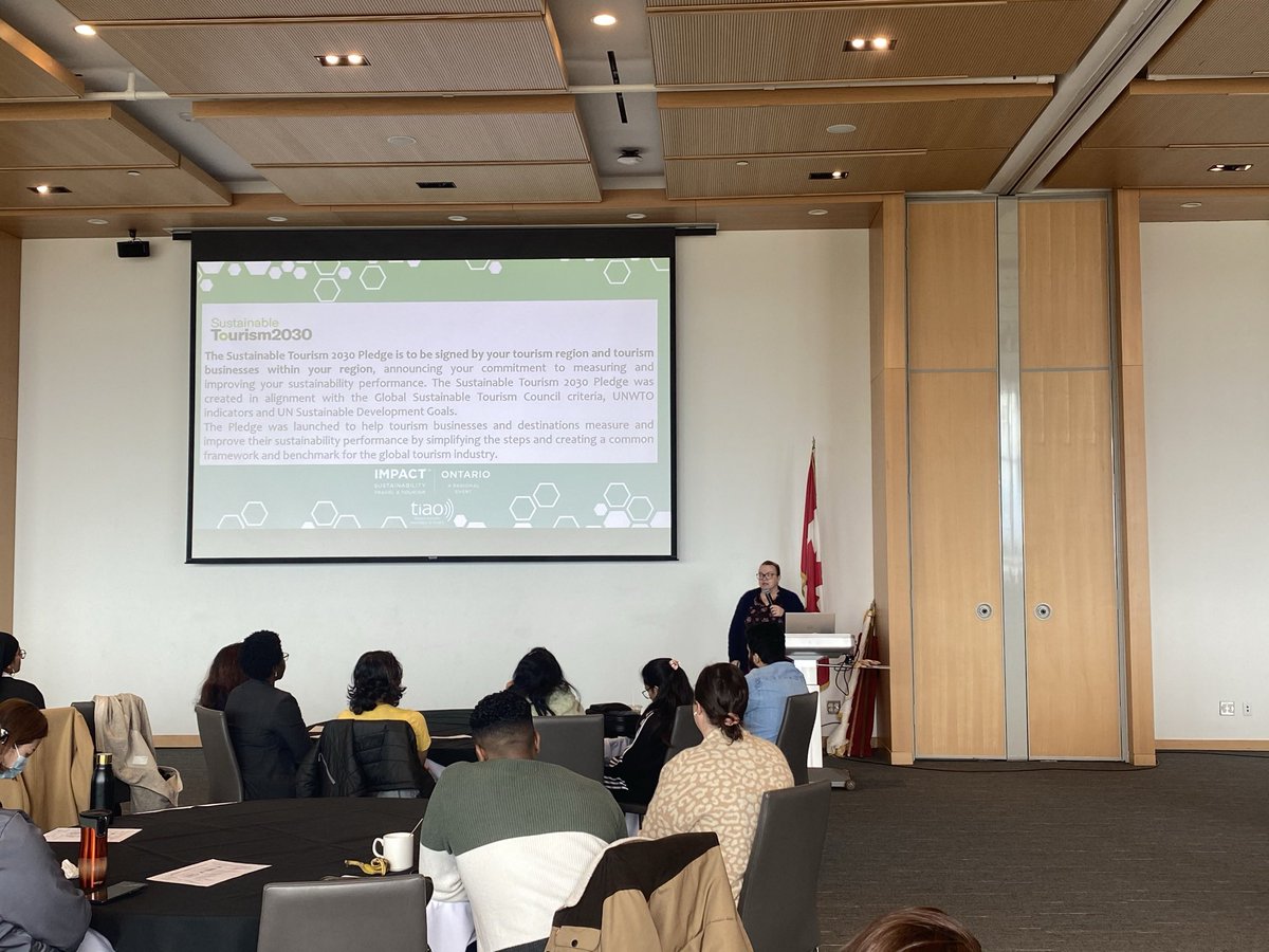 TIAOntario's tweet photo. Yesterday, TIAO Team had the pleasure of presenting at the ‘Spotlight on Sustainability’ event at the @CCEventCentre, organized by the @CentennialEDU School of Hospitality, Tourism & Culinary Arts Sustainability Committee. 

We spoke about TIAO’s current sustainability initiatives, recent research on regenerative tourism as well as other topics such as greenwashing in the industry and the importance of sustainable development goals.