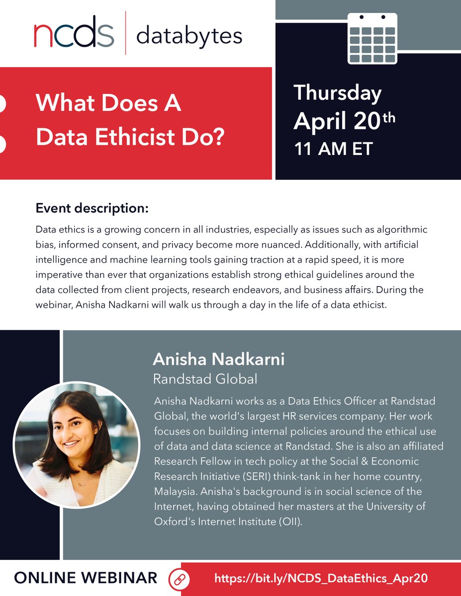 TheNCDS's tweet photo. #TheNCDS is pleased to announce that #DataBytes, a free #webinar series designed to showcase diverse + innovative work in #datascience, returns this week. Join Anisha Nadkarni for ""What Does A #DataEthicist Do?"" on April 20 at 11 AM ET. @Randstad
https://t.co/IVBJ17YA8a https://t.co/7JrOvCCyPO