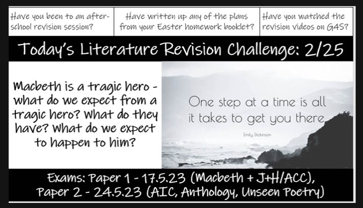 MrsHoneysett's tweet photo. @kingdownschool @EnglishKingdown 
Day 2 of the Literature Revision Challenge. You can do it, Year 11! https://t.co/kjBYEBm73K