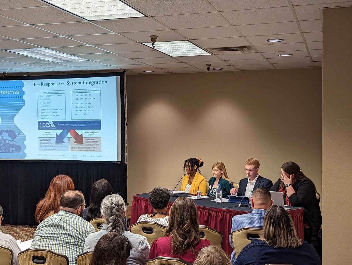 NASWAORG's tweet photo. SIDES & Exchange Overview/Who are PEOs?
#NASWA's Kerri McNair (@mcnair_ks) & Julie Zawislak (@SITHGENS) are joined by Emily Duncan (@Questco) & Aaron Miller (@UIOutsourcing) in teaching on the benefits of SIDES & the 6 exchanges to a full room of over 50 attendees.
#UISIDES2023 https://t.co/c0IPvPrC4l