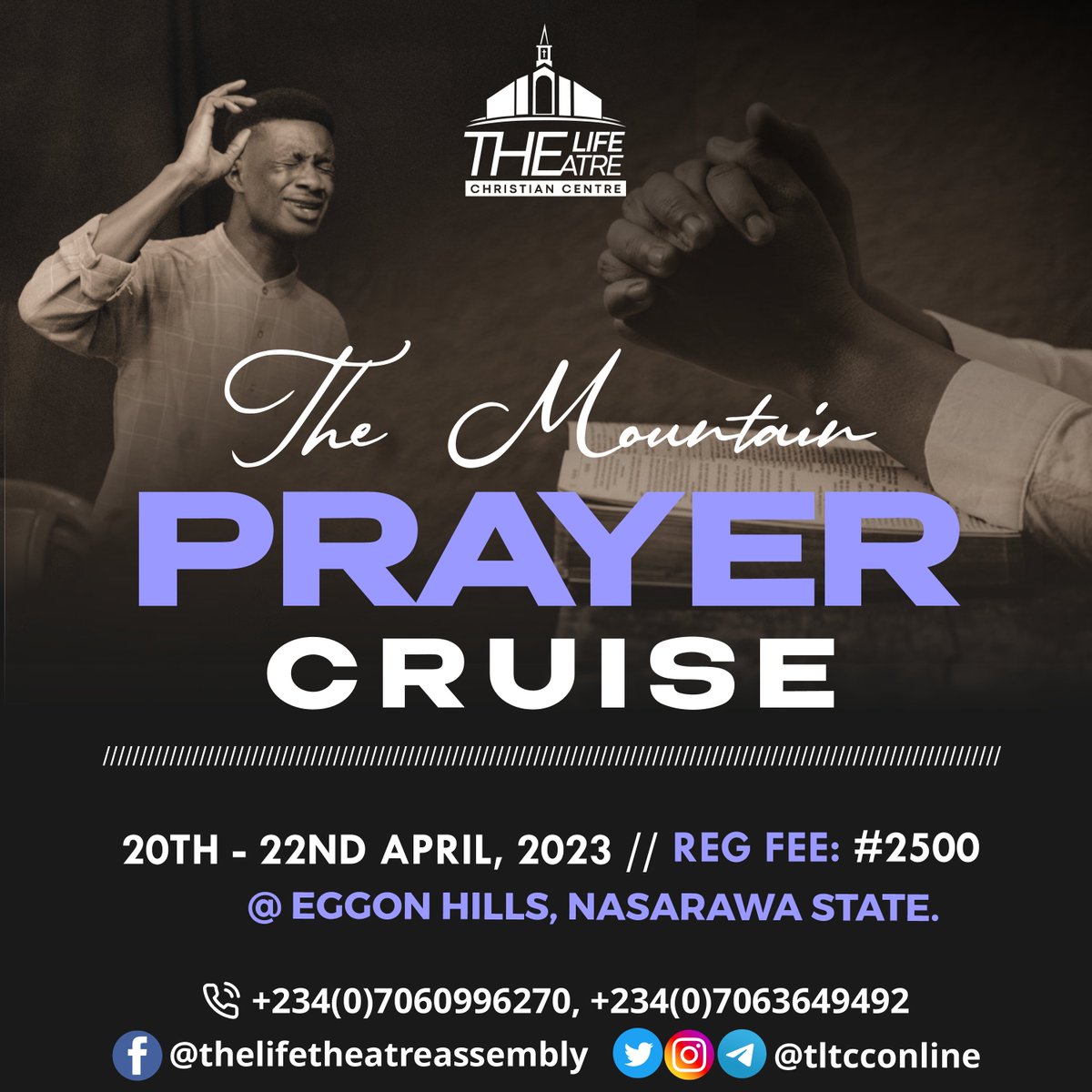 tltcc_online's tweet photo. We are excited to invite you for The Mountain Prayer Cruise on the 20th - 22nd of April, 2023. @ Eggon Hills, Nasarawa State.
#prayercruise #prayer #prayermeeting #tltcc #thelifecentre #keffi #church #deliverance #healing #restoration #thelifetheatre #themoutainprayercruise https://t.co/IOti7IQJCL