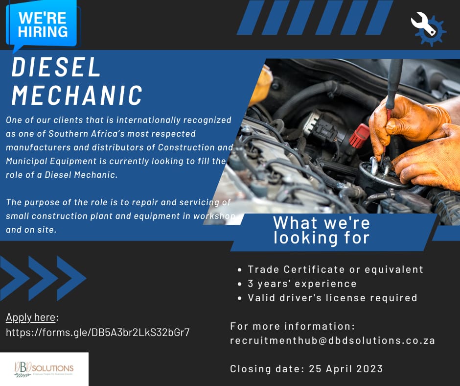 We are hiring!!
Diesel Mechanic (Cape Town)

📌Must have a valid Trading Certificate.‼️
Apply here 
dbdsolutions.co.za/post/new-job-p…

@dbdsolutionsza
#newjob #dieselmechanic #tradecertificate #diesel #mechenic