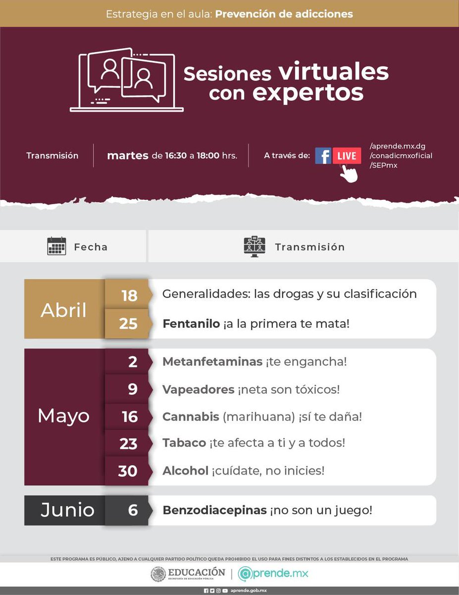 conasamamx's tweet photo. Como parte de la Estrategia en el aula: Prevención de adicciones, la CONADIC participa en sesiones sobre el consumo de sustancias.

🕓 martes de 16:30 a 18:00 h
📌 Por FBLive
📅 Conoce las fechas 👇🏽 https://t.co/QEnSL126a4