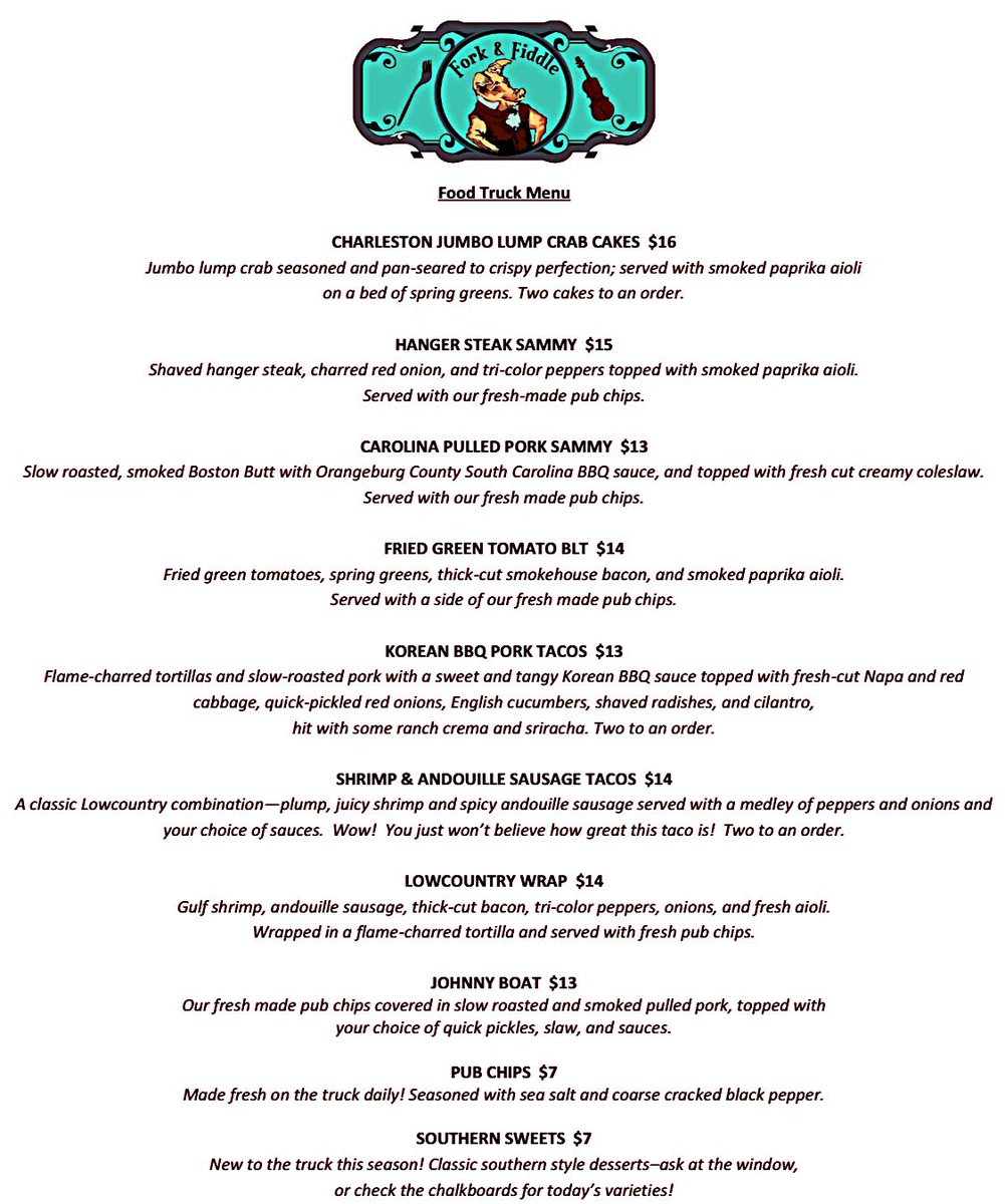 Fork_and_Fiddle's tweet image. ‼️HERE IT IS, FIDDLERS‼️ Your 2023 Food Truck Menu! We can’t wait to officially launch this season! It’s gonna be a great year! #forkandfiddle #lowcountry #foodtruck #seeyouonthestreets #followthatbigorangetrailer