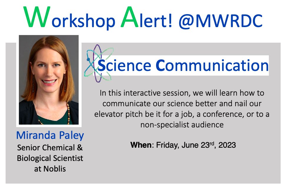 Diversity_Chem's tweet photo. Miranda Paley @paleymir will be leading the MWRDC Workshop on Science Communication! 

When: Friday, June 23rd, 2023
Register for MWRDC: https://t.co/S87AEFL9Yy 

#sciencecommunication #mwrdc #DEI https://t.co/3VU5SdfFlZ