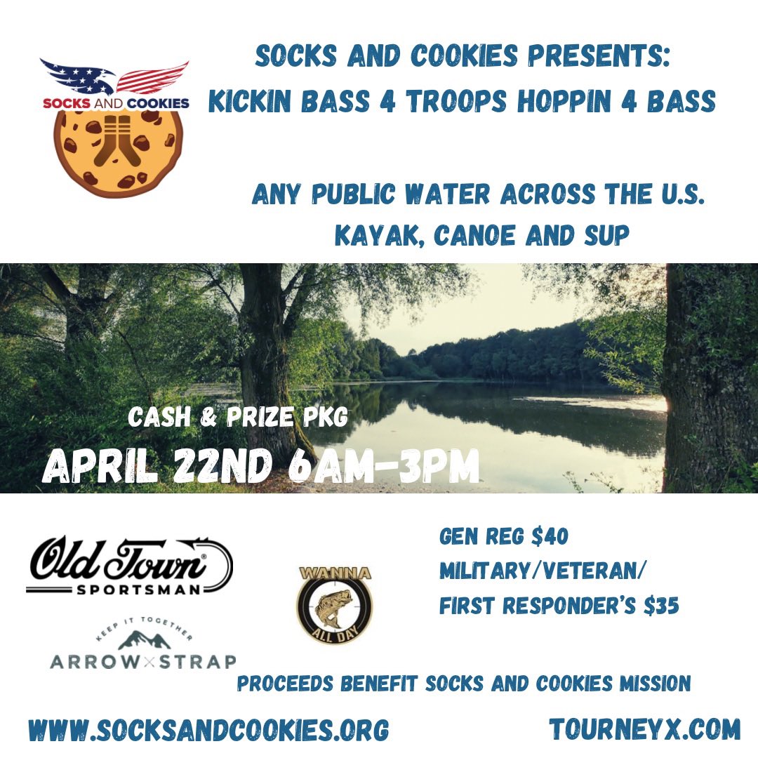 SocksandCookies's tweet photo. 4 days from today. Help us beat our Angler goal of 50 for this event. 

Help us by sharing with all your friends!

#socksandcookies #kickinbass4troops #kayakbassfishing https://t.co/7G4DUH9UDP