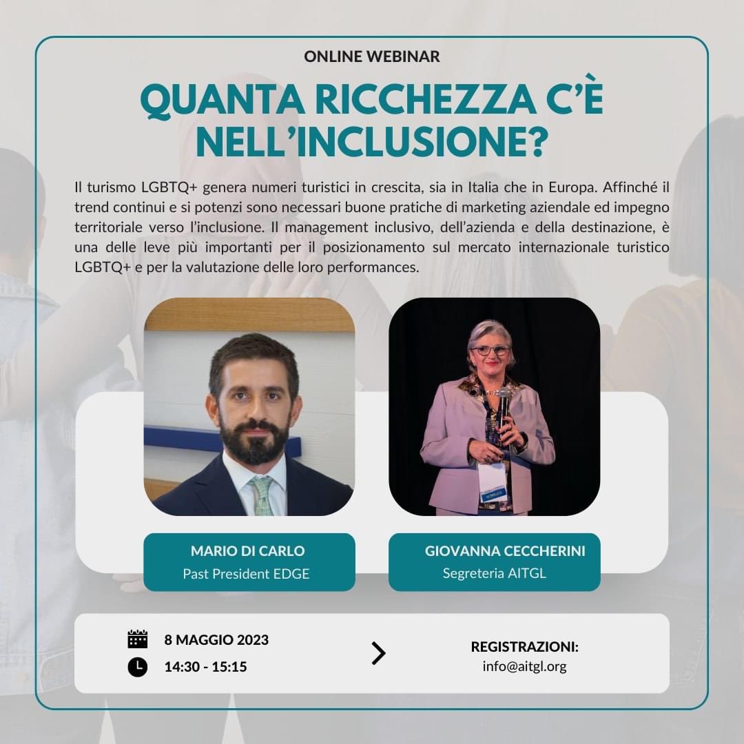 ❗ Online Webinar ❗

👉 Quanta ricchezza c'è nell'inclusione?
🗓 8 maggio 2023 - 14:30

Registrazioni: info@aitgl.com

*I nostri webinar sono aperti a tutti gli interessati previa registrazione.

#TurismoLGBTQ #inclusione #webinar