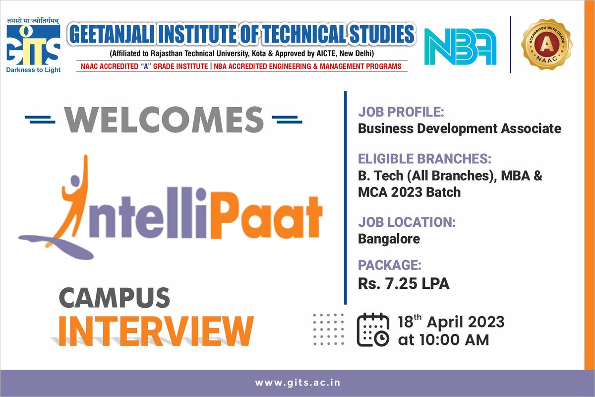 gitsudr's tweet photo. Geetanjali Institute of Technical Studies is going to Organize the Campus Placement of Intellipaat for our B. Tech, MBA &amp; MCA Students from 2023 Batch for the Profile of Business Development Associate @ #Package of Rs. 7.25 LPA on 18th April, 2023 at 10 am. https://t.co/u7zG2Wlh40