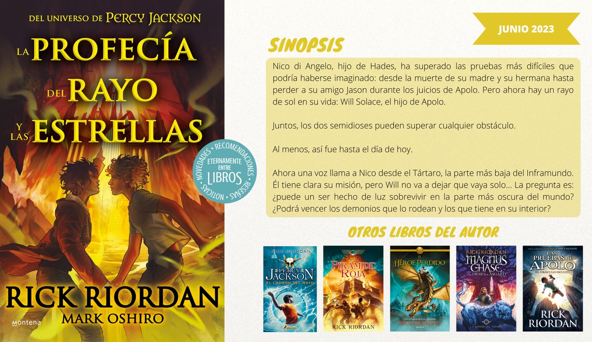 En junio llega "La profecía del rayo y las estrellas" (#TheSunAndTheStar) de <a href="/rickriordan/">Rick Riordan</a> . La nueva novela dentro del universo de "Percy Jackson" protagonizada por Nico y Will.