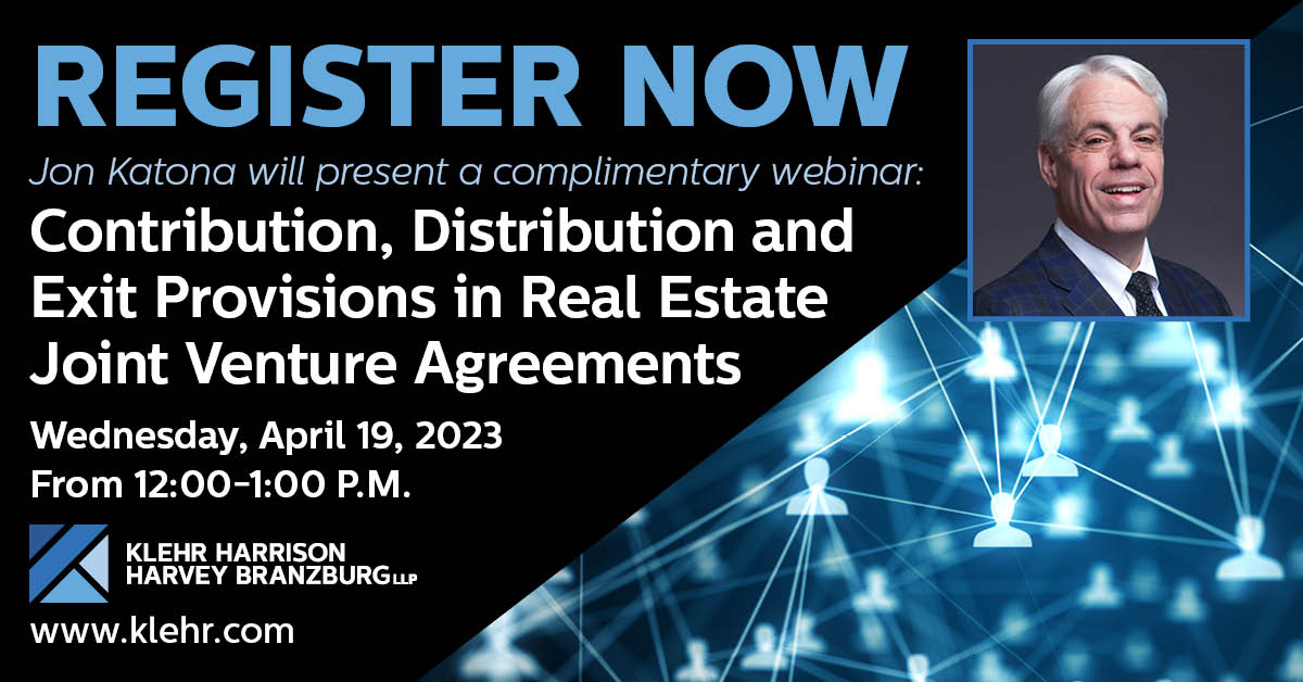 Klehr_Harrison's tweet photo. Reminder! Join us for "Contribution, Distribution and Exit Provisions in Real Estate #JointVentureAgreements," tomorrow, 4/19! This program will qualify for 1 hr of #PACLE credit. Learn more & register! https://t.co/E5wH4iP6LW #JointVentures #RealEstateJointVenture #CLE https://t.co/x7NLOl1rML