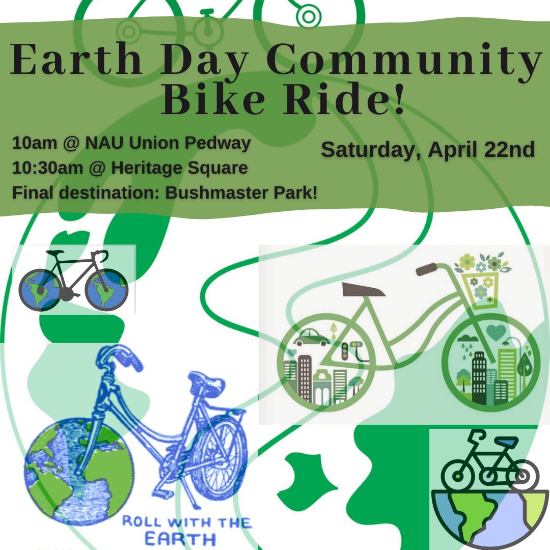 Adam_Shimoni's tweet photo. Earth Day Celebration is happening this Saturday at Bushmaster Park &amp; you’re invited to ride with us! Meet at the NAU Union along the pedway at 10am, or join us at Heritage Square (10:30am), before we casually ride all the way to Bushmaster Park!

All levels of riders are welcome https://t.co/doKJso0euh