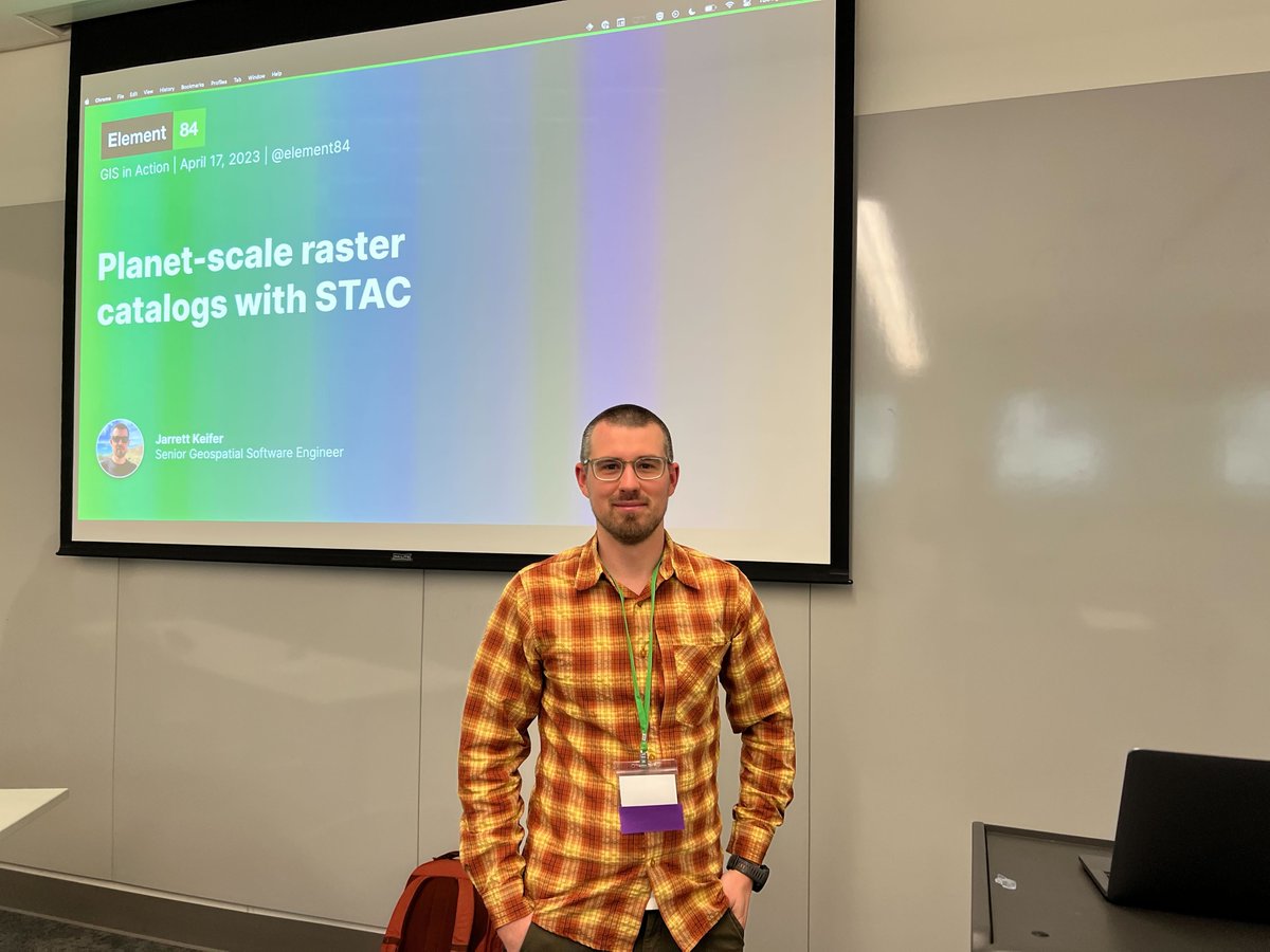 Element84's tweet photo. ICYMI: Earlier today Jarrett Keifer represented E84 and introduced #GISInAction attendees to #STAC! 

Don't miss the rest of the GIS in Action programming; view the whole schedule here -> https://t.co/mje0jX4Ih4 #2023GISInAction @oregonurisa @URISA https://t.co/xgWlOlEzpy