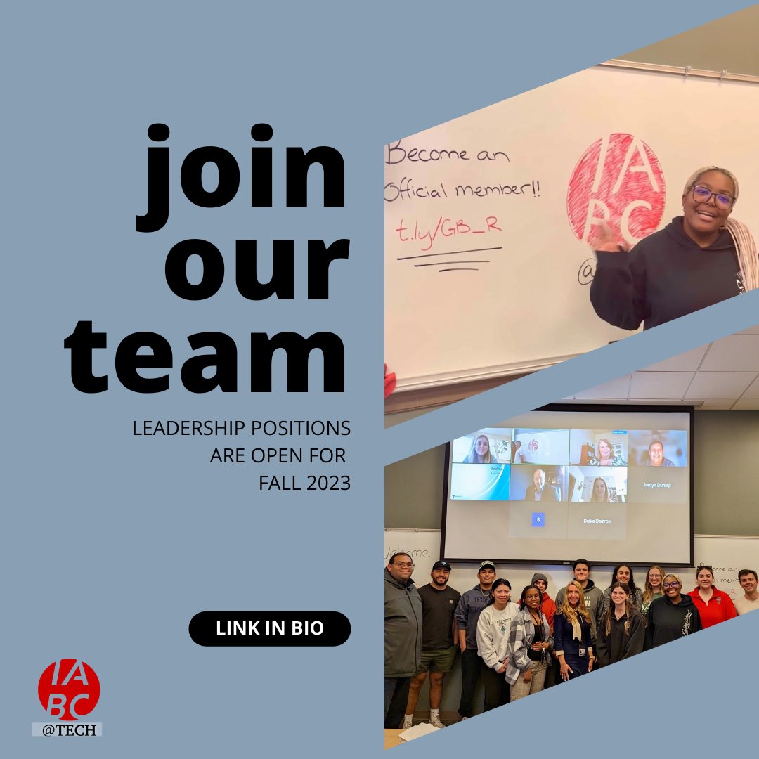 IabcTtu's tweet photo. Wanting a leadership role to add to your resume? IABC@Tech has open positions for Fall 2023! Nominate yourself or a friend for President, VP of Planning and Programming, Secretary, Treasurer, VP of Membership, VP of Branding and Engagement, and Distance and Regional Rep! #iabc https://t.co/8x7TELBnXF