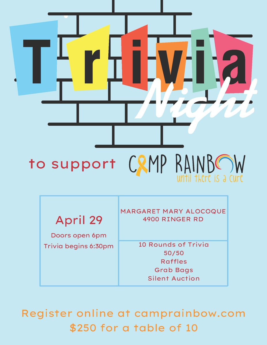 CampRainbow_STL's tweet photo. Are you ready for a fun night of trivia? Join Camp Rainbow for our trivia night! Register now and show off your knowledge while supporting a great cause. https://t.co/GTsguoy4st https://t.co/42v91AtPTW