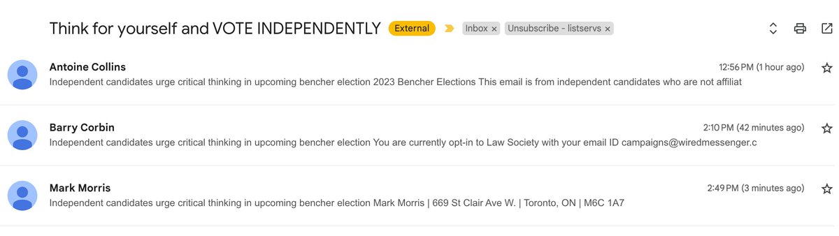 YusraK's tweet photo. Independent candidates send the exact same message to urge you to vote for the block of independent candidates.... 🤡GREAT! #lso #bencherelections https://t.co/XJZTEnCgtu