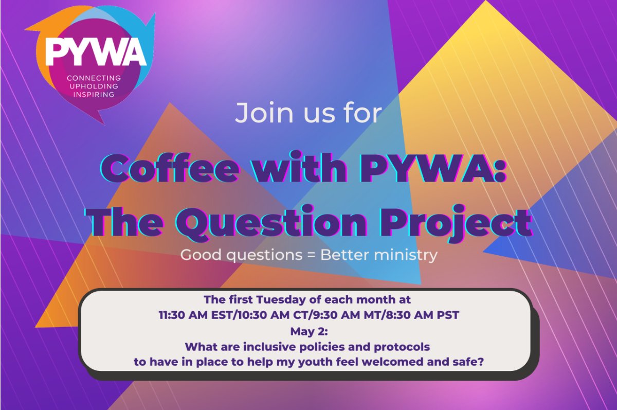 PYTRIENNIUM's tweet photo. Save the date! Coffee w/ @PYWA_PCUSA on May 2nd. Conversation with Harry Zweckbronner from Camp Hanover exploring the  question, "What are inclusive policies and protocols to have in place to help my youth feel welcomed and safe?" Details &amp; Zoom info: https://t.co/i5WZGlZCsk https://t.co/qqQelH41oN