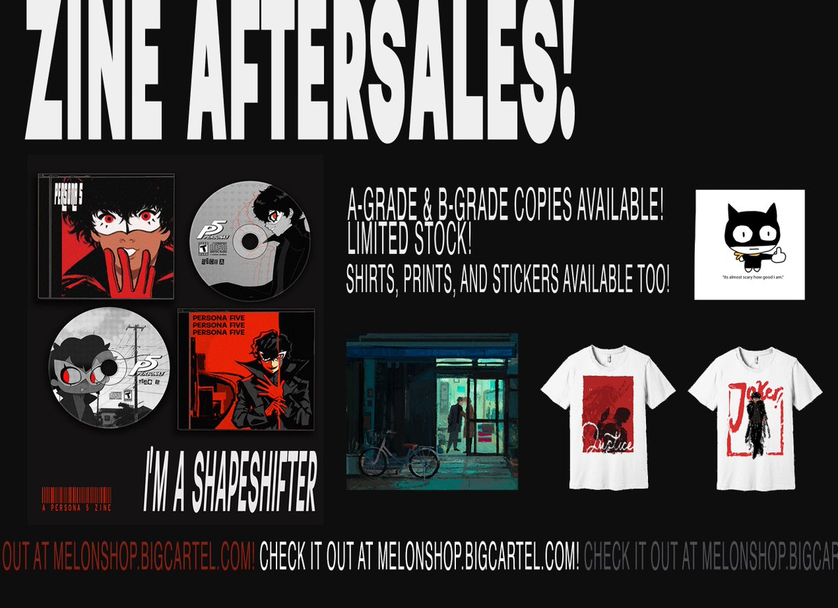 OUR P5 ZINE AFTERSALES ARE OPEN! 📣 you can also still buy shirts, prints, and stickers, as well as the other stuff on our shop! melonshop.bigcartel.com