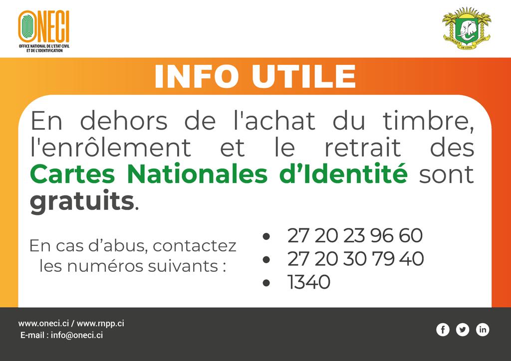 Oneci_ci's tweet photo. Le droit de timbre pour l'enrôlement à la CNI en Côte d’Ivoire est fixé à 5000F CFA, payable en ligne sur la site https://t.co/sHIprwsT7p et chez nos partenaires (la BNI et Banque Populaire).

#CIV225 #CIV 
#ONECI #INFO_UTILE https://t.co/AcbFA4Ifm8