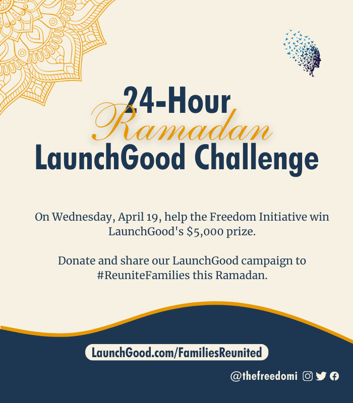 thefreedomi's tweet photo. 📢 ACTION ALERT 📢

On Wednesday, April 19, donate to our @LaunchGood campaign and help @thefreedomi win a prize of $5,000.

With your help, we can #ReuniteFamilies torn apart by unjust detention. Donate here: https://t.co/FCkGOKlwPc https://t.co/rqamnPlkDj