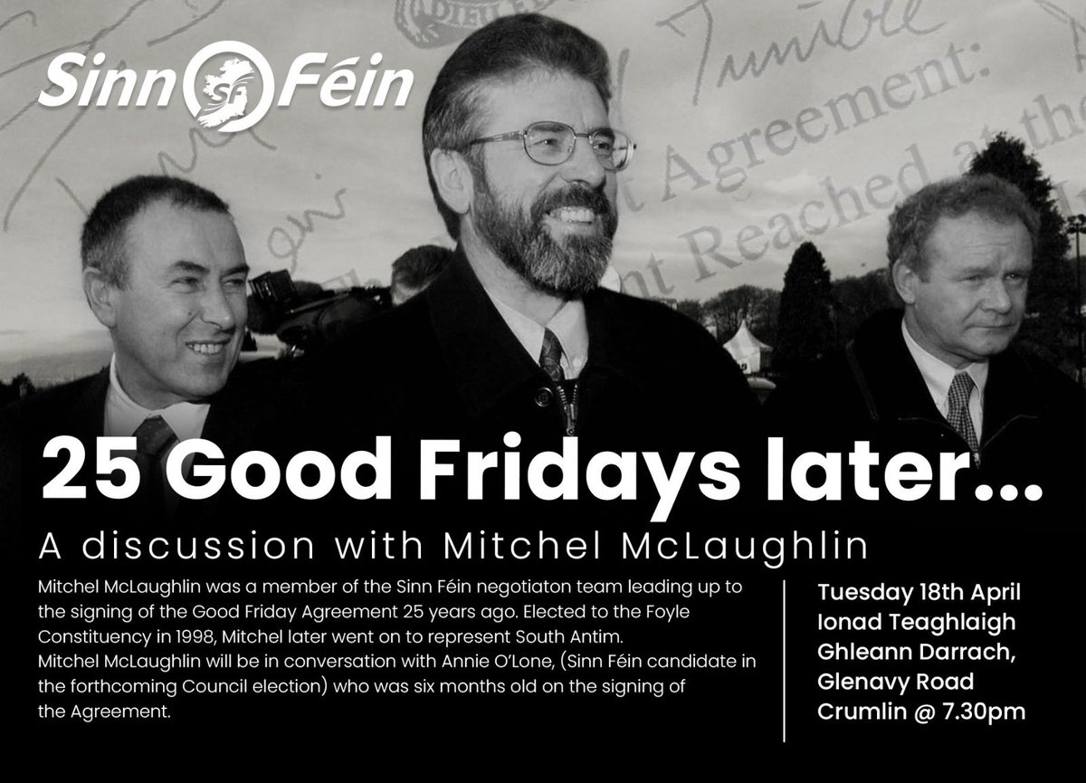 DeclanKearneySF's tweet image. One of the architects of the Good Friday Agreement, Sinn Féin veteran, Mitchel Mc Laughlin, in conversation with @LucilleOHagan tonight in #Crumlin alongside @annemarielogue &amp;amp; @MaighreadNiChon