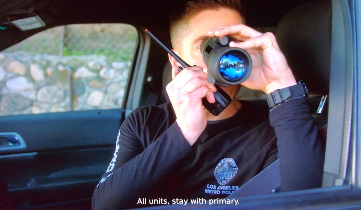 ShowReviewer's tweet photo. Q: Why does Lucy have the bigger lens?
A: The better to see her man. 
😉😁
#Chenford  #TheRookie https://t.co/W6rSdBVSns