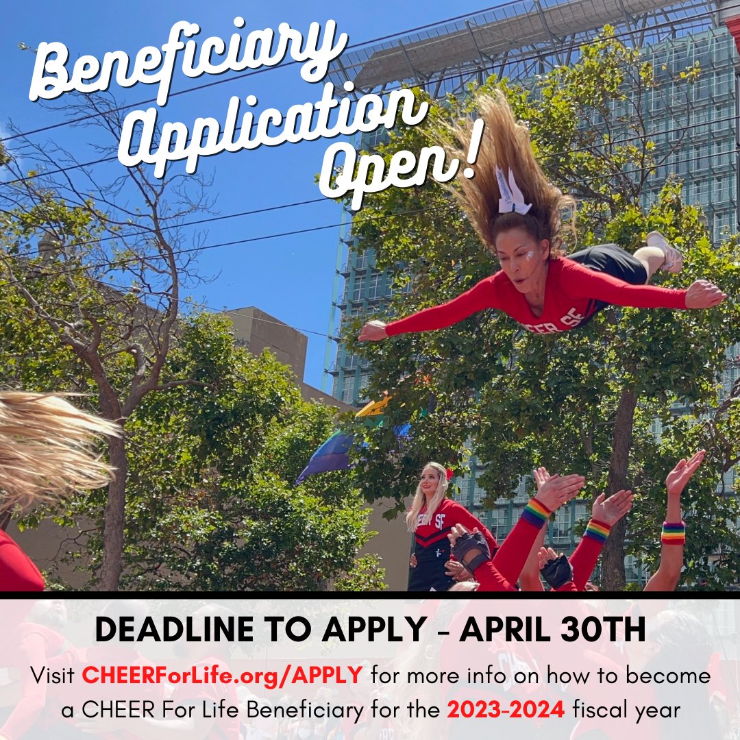 CHEERSF's tweet photo. BENEFICIARY APPLICATIONS - Deadline to apply is April 30th!

Visit https://t.co/yOwLfx6YIO for more info on how to become a beneficiary for our 2023-2024 season.

Apply today or share with an organization you care about!
.
#cheerforlifefoundation #CHEERSF https://t.co/FKghjOOpoq